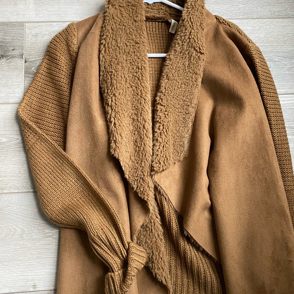 Open Front Cardigan Sweater Women's XS Faux Fur Neck trim